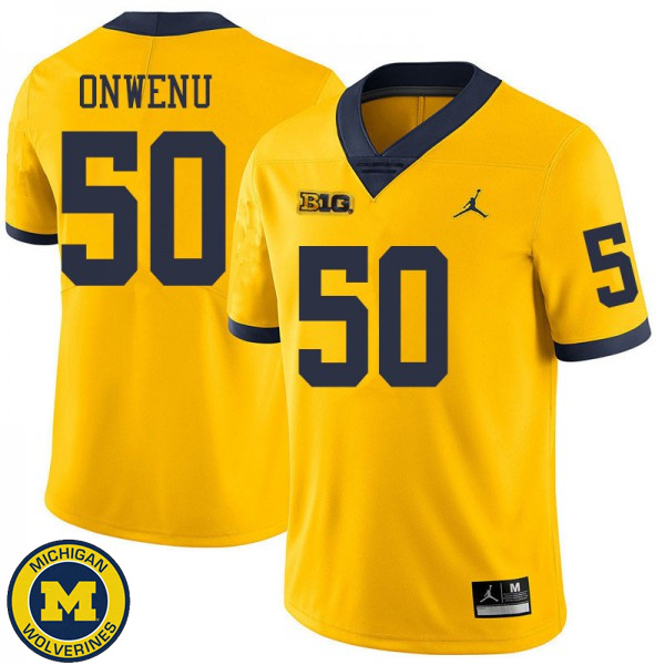 Men's University of Michigan #50 Michael Onwenu Yellow Jordan Brand Fashion Jersey